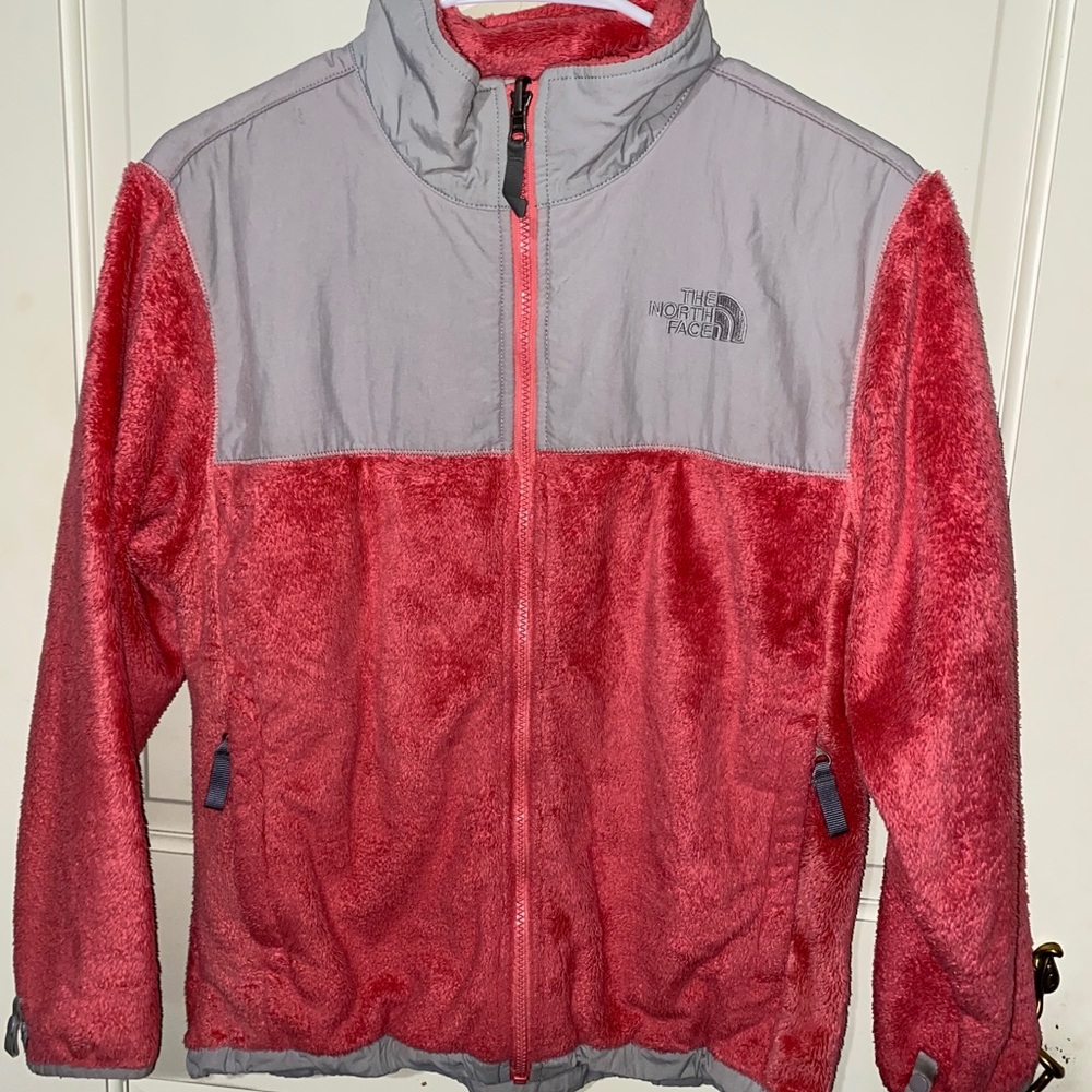 Large pink zip up fleece North Face jacket